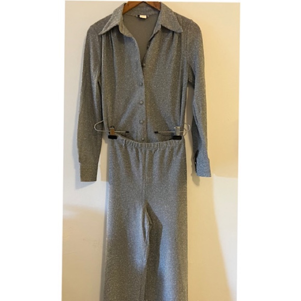 Fred Rothschild Silver Sparkle 70’s Blouse and Pant Set, Size 8